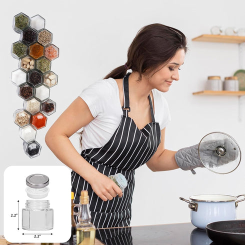 Set of 10 Magnetic Spice Jars for Refrigerator, Glass Hexagon Containers with Labels and Shaker Lids