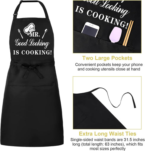 Funny Aprons for Men, MR GOOD LOOKING IS COOKING, Professional Kitchen Chef Bib Apron with Double Pocket