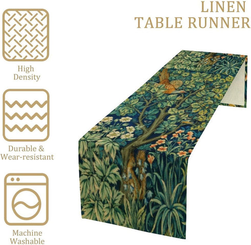 DDCBNS 13 36 Inch William Morris Flowers Birds Table Runner,Vintage Floral Retro Farmhouse Rustic Table Runner