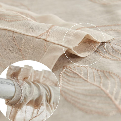 Topick Beige Sheer Leaf Curtain Kitchen Valance for Windows, Leaf Embroidered Voile Small Curtain 16 Inch
