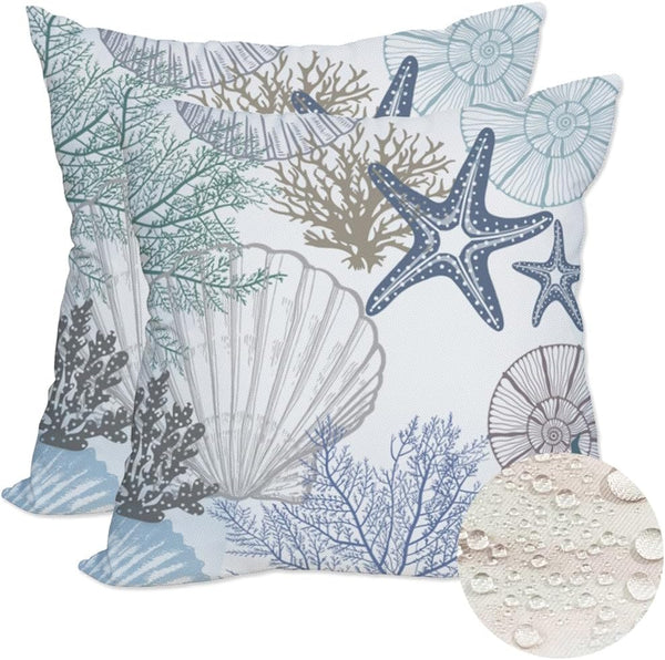 Blue Ocean Waterproof Outdoor Pillow Covers 18x18 Inch Set of 2, Nautical Coastal Starfish Coral Shell Conch Throw