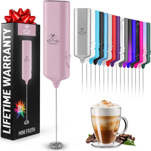 Zulay Kitchen Powerful Mini Milk Frother, Electric Hand Mixer, Portable Wand for Coffee, Pink