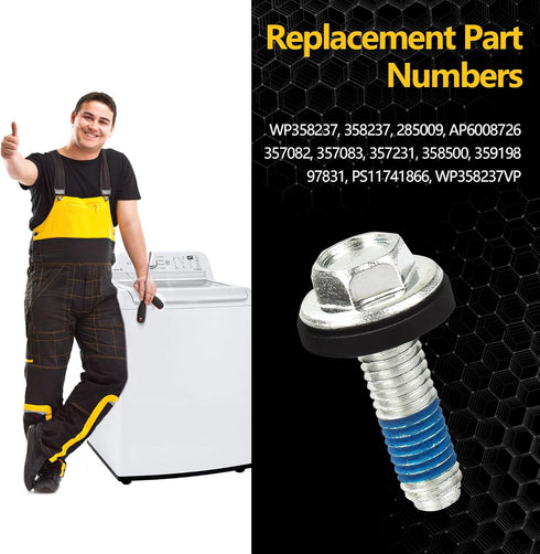 Washer Agitator Bolt Compatible with Whirlpool, WP358237, 285009, AP6008726, with Rubber Gasket Replacement