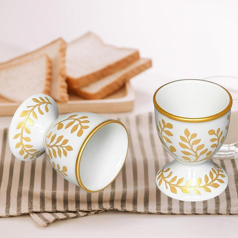 Set 2 Cinf Ceramic Egg Cup of Champagne Gold Porcelain Holder Breakfast Boiled Cooking Easy to Clean Childhood Memories