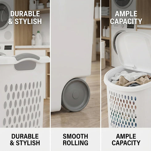 Generic White Wheeled Plastic Laundry Hamper Adult-Sized Rolling Basket With Handles For Home & Dorms