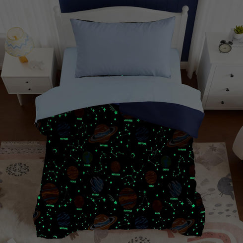 Set 4 Set Toddler Bedding - Pieces Toddler Comforter for Kids Boys, Glow in The Dark Space Bed in A Bag with Sheets