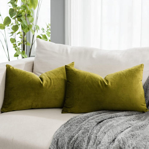 Olive Decorative Lumbar Velvet Throw Pillow Covers Set of 2, 12x20 inch with Zipper for Sofa Couch Bed