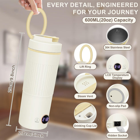 Tengfy 600ML 6 Settings, 304 Portable Electric Kettle, Mini Hot Water Boiler Heater, Travel Kettle with Temperature