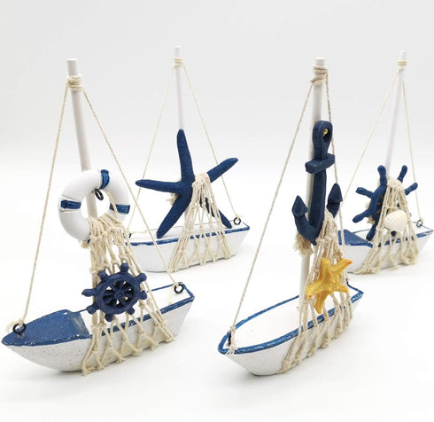 4PCS Sailboat Set, 4.4 6.8 Inch TIHOOD Mini Model Decoration Wooden Miniature Sailing Boat Home Decor Beach Nautical