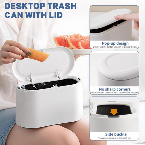 Mini Trash Can with Lid - Tiny Plastic Garbage Bin, Removable Countertop Wastebasket for Bathroom, Office, Kitchen,