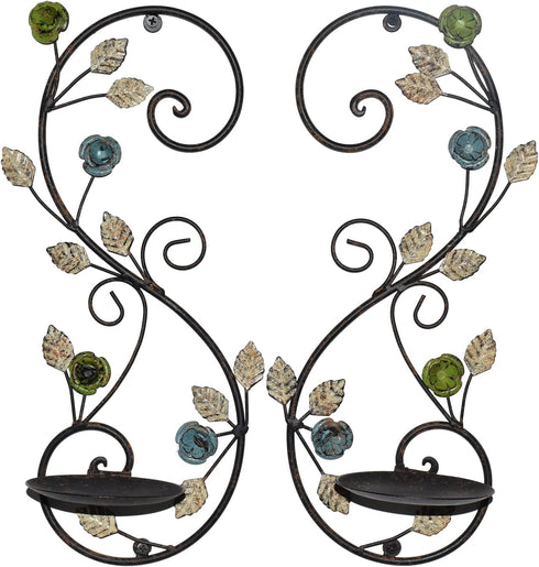 JUCONSIN Set 2, Wall Sconces Candle Holder of Antique Multi-Color Leaf Branch Wall Mount Hanging Metal Wall Candle
