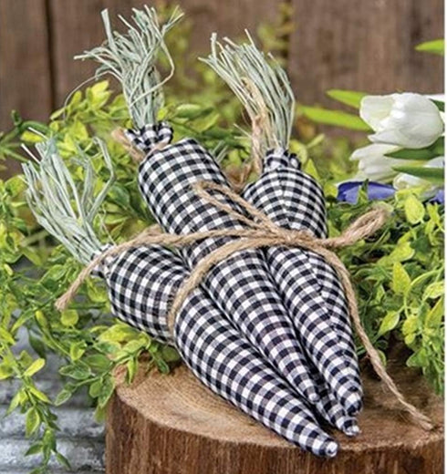 HAPPY DEALS ~ 4 Pack 10 inch Black White Gingham Plaid Carrots - | | Bowl Fillers | Primitive Farmhouse Easter