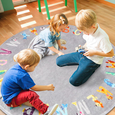 Rug,4 Round ABC Kids ft Animal Alphabet Playroom Rug,Washable Non-Slip Cute Nursery Rug for Kids Room,Educational Kid