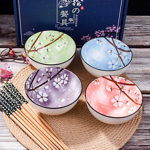 Ceramic Snack Bowl Set of 4 with Chopsticks, Cereal, Rice, Soups, Four Colors: Green, Blue, Pink, Purple, Beautiful Box