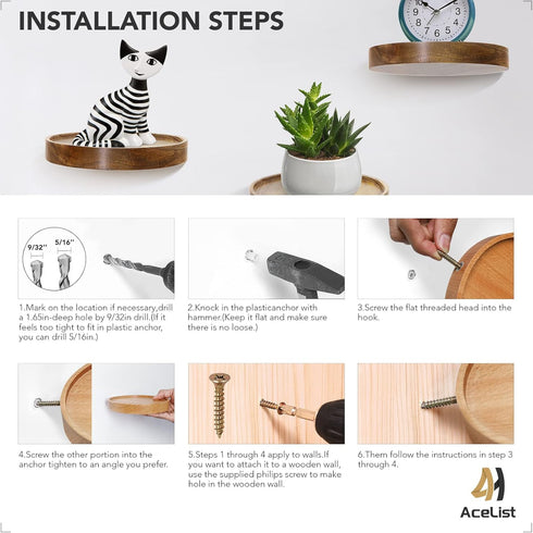 3-Pack 6'' AceList Round Floating Shelves for Wall Decor, Diameter Acacia Wood Floating Shelf, Cup Plant Wall Shelves