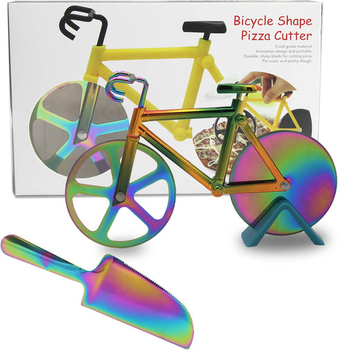 Stainless Steel Bicycle Pizza Cutter Wheel, Creative Pizza Knife with Pizza Shovel, Cool Kitchen Utensil (Rainbow)
