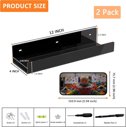 12 Inches 2 Pack, Black Acrylic Wall Shelf for Home, Acrylic Organizer Shelves for Wall, Wall Mounted Storage Display