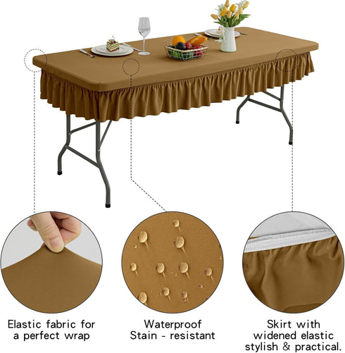 6ft Coffee Stretch Tablecloth for Rectangular Tables - Flared Wrap Design, Waterproof, Wrinkle-Resistant, Washable