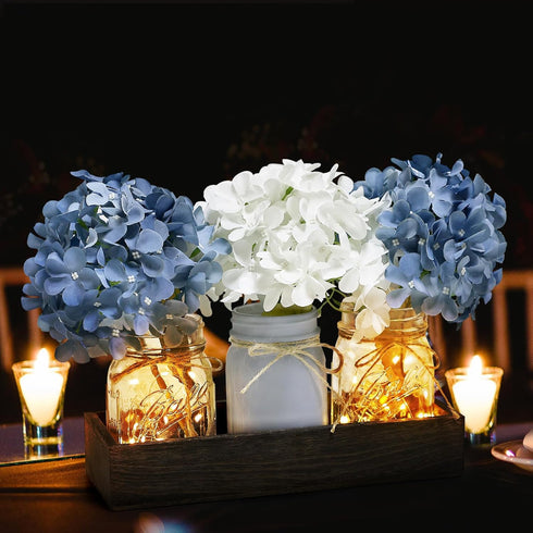 Mason Jar Centerpiece Table Decor for Dining Room Farmhouse Coffee Table Decor with Wood Tray Fairy Lights Fake Flowers