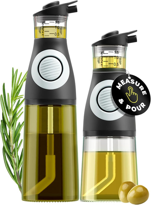 Set 2 Oil and Vinegar Dispenser - Glass Olive Oil Cruet Bottles with Measuring Cup - Non-Drip Kitchen Dispenser