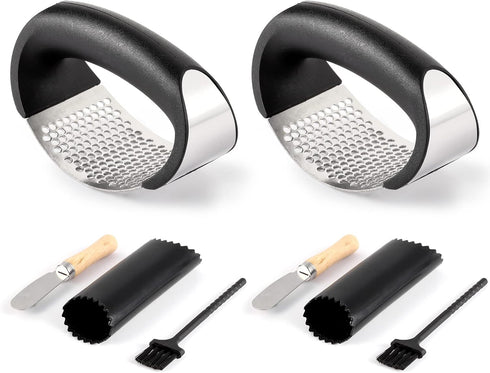Rngeo 2 Pack Garlic Press Rocker, Stainless Steel Garlic Mincer with 2 Peelers,
