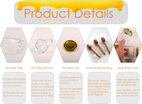 4oz/120ml 12 Pack Adabocute Honey Pot, Glass Honey Jars with Wood Dipper, Gold Lid, Bee Charms, Gold Organza Bags