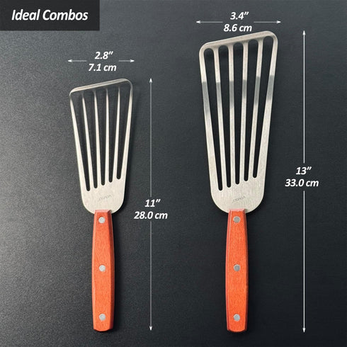 2 Pack Fish Spatula Turner - Stainless Steel Slotted Spatulas for Flipping & Grilling, Wooden Handle