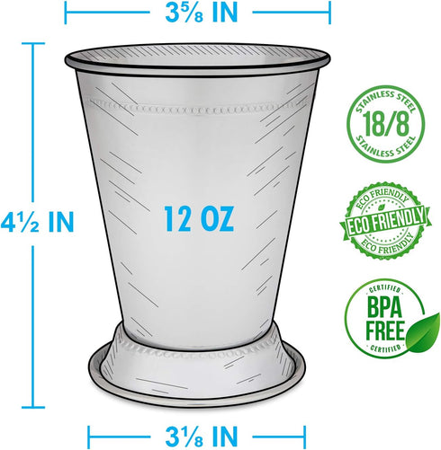 Mint Julep Cups: Stainless Steel Glasses, Set of 2 or Set of 4, 12 oz Metal Cocktail Glasses for Parties