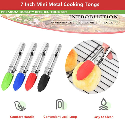 Mini Kitchen Tongs with Silicone Tips - 3 Set of 7 Inch Non-stick Small Tongs for Cooking and Serving (Multi-Color)