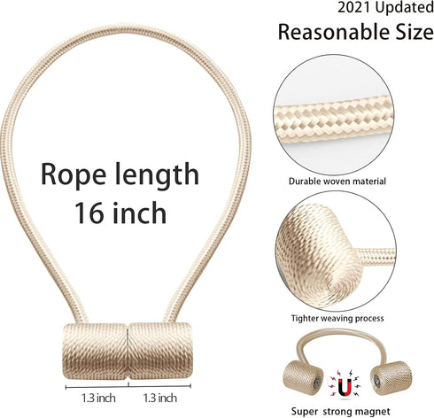 Curtain Tiebacks Clips, Strong Magnetic Tie Band for Home Office Decorative Drapes, 2PCS, Beige