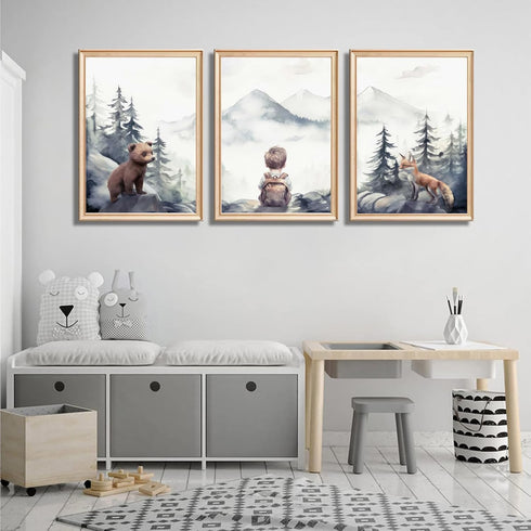 Generic 3Pcs (12x16 Boy Adventure Nursery Wall Art Woodland Animals Bear & Fox Wall Decor Picture Watercolor Mountain