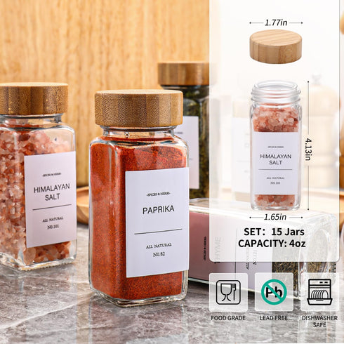 24Pcs,Seasoning Set,Kitchen Set,Seasoning DIMBRAH Spice Jars with Label Containers,Glass Spice Jars with Bamboo