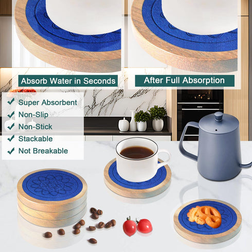 Minacun 5 Pack Set, 4.3 Inch Wood Coasters for Drinks, Absorbent Coaster Drinks Coasters for Coffee Tabletop