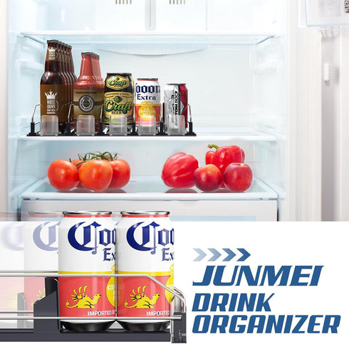 JUNMEI 12oz 16oz 20oz Drink Organizer for Fridge, Adjustable Width Soda Can Dispenser, 15" D, Black, 3 Rows