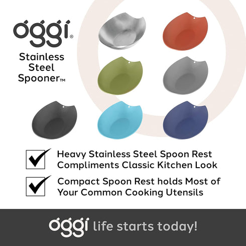 Oggi Spooner Stainless Steel Spoon Rest, Holds Kitchen Utensils for Mess Free Cooking, Black, 5.25 x 3.5 inch