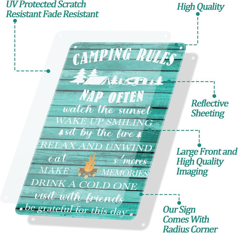 Moxweyeni 2 Pcs Camping Decor for Camper, Rustic Funny Camping Rules Metal Tin Sign for Inside Outside Wall Art