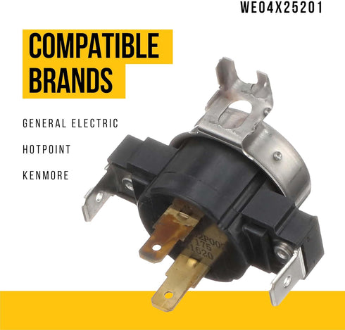 WE04X25201 Thermostat Compatible with General Electric Hotpoint Dryer Replaces AP6040078 4587508 PS11772030