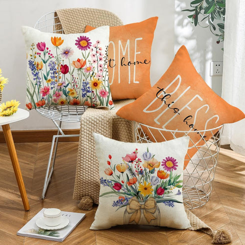 Set of 4 Spring Summer 18x18 Throw Pillow Covers, Floral Farmhouse Cushion Cases for Outdoor Home Decor Sofa Couch