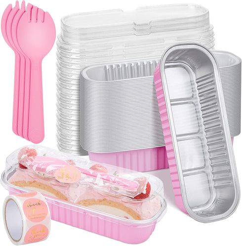 25 Pack Pink Aluminum Foil Mini Loaf Pans with Lids, 6.8 Oz Rectangle Baking Cups for Brownie Mini Cakes