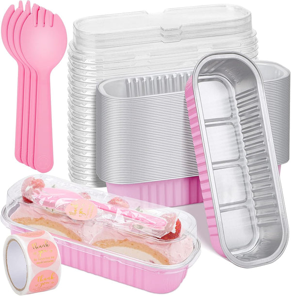 25 Pack Pink Aluminum Foil Mini Loaf Pans with Lids, 6.8 Oz Rectangle Baking Cups for Brownie Mini Cakes
