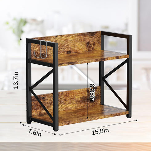 Coffee Bar Station Organizer Shelf for Countertop, 2 Tiers Wooden Spice Rack, Rustic Brown Large Desk Shelf Riser