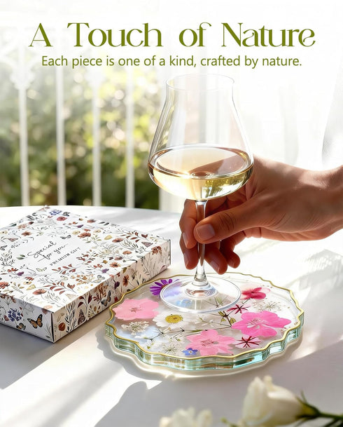 Oqplog Women,1 Resin Drink Coaster for Desk Coffee Table-Pink White Cute Dried Flowers Cup Coaster for Work Office Home