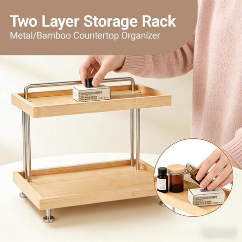 Bamboo Two-Tier Organizer for Kitchen, Bathroom, and Office - Sturdy Storage Rack