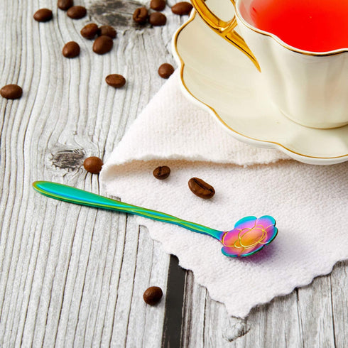 8 Pieces Flower Spoon Coffee Teaspoon Set - Stainless Steel Tableware - 8 Different Patterns (Rainbow Color)