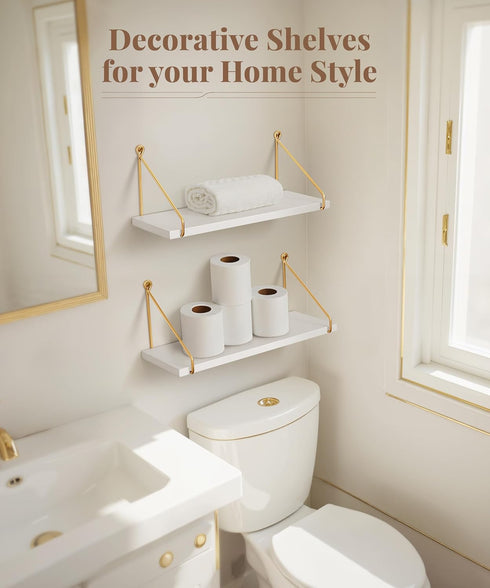 Set 2 Afuly Floating Shelves for Wall, Metallic Gold White Wall Mounted Shelves, Shelves for Bathroom Kitchen Bedroom