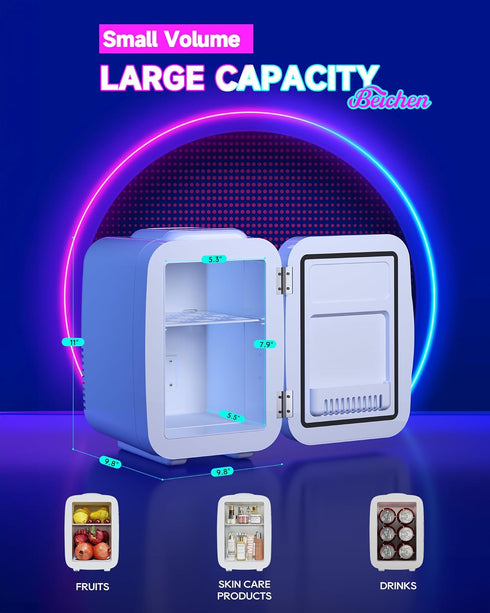 Mini Fridge, 4 Liter/6 Cans Small Refrigerator with Dimmable LED Light, AC/DC Portable Cooler for Bedroom, Office,