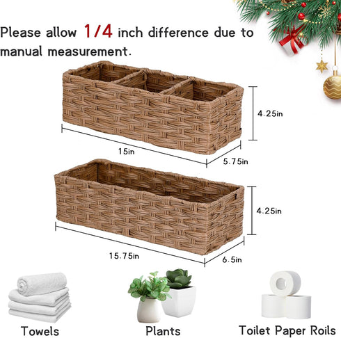 DULLEMELO Small Bathroom Basket, Wicker Toilet Tank Organizer, Set of 2 Waterproof Baskets for Organizing