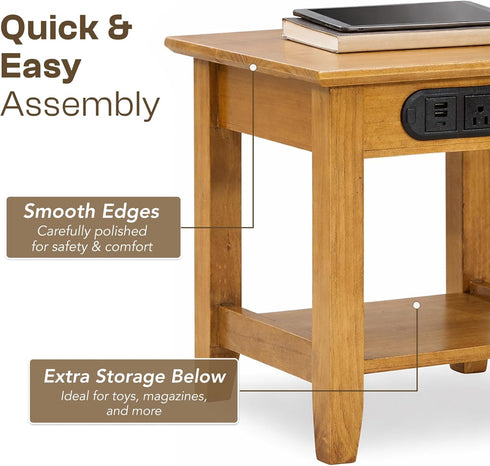 2 2 KAWIND Home Light Walnut Solid Wood End Table with Charging Station Compact Side Table with USB Ports & AC Outlets