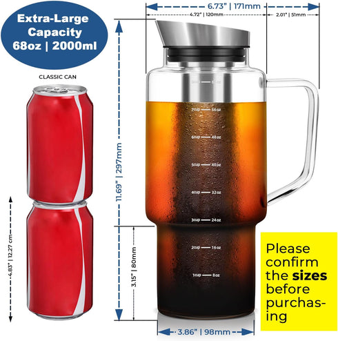 68oz Aquach Cold Brew Coffee Tea Maker, Glass Pitcher & Stainless Steel Filter, Dishwasher Safe Iced Coffee Tea Maker