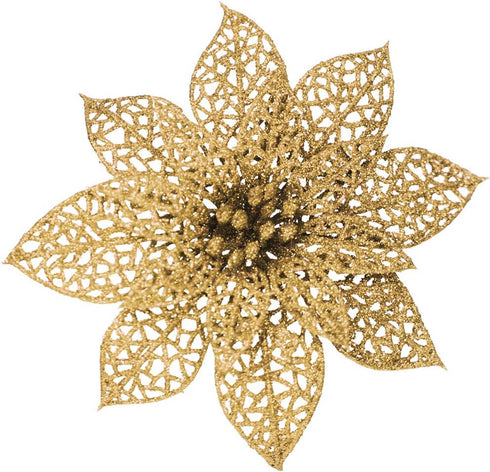 Supla 24 Pack Christmas Gold Glitter Poinsettia Flowers Picks, 5.9" Wide Christmas Tree Ornaments for Holiday
